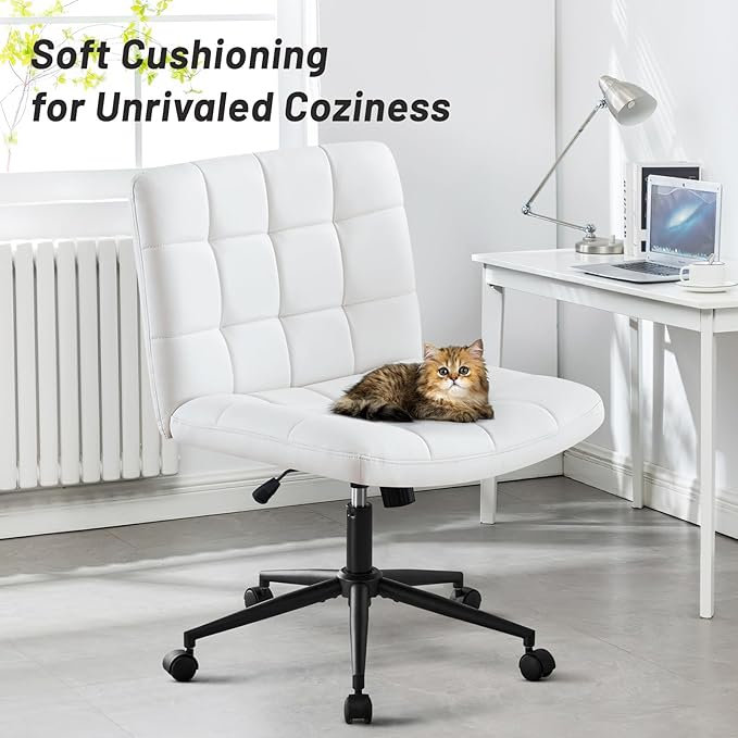 Furniliving Home Office Desk Chair with Wheels,Criss Cross Legged Wide Chair Armless Height Adjustable Chair with Mid Back PU-Padded Swivel Accent Vanity Chairs,IvoryWhite - LeafyLoom
