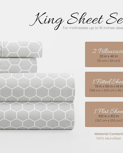Linen Market 4 Piece King Bedding Sheet Set (Gray Geometric) - Sleep Better Than Ever with These Ultra-Soft & Cooling Bed Sheets for Your King Size Bed - Deep Pocket Fits 16" Mattress - LeafyLoom