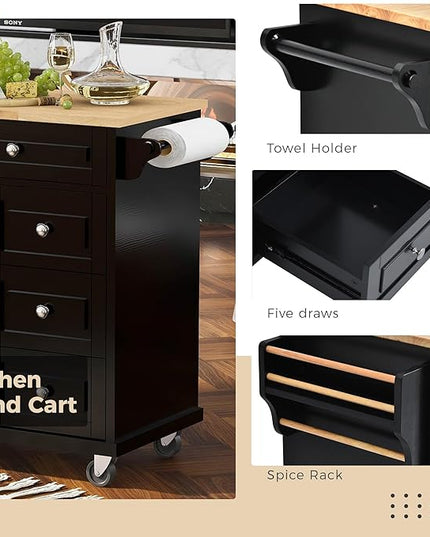 Kitchen Island with Storage Cabinets, Rolling Mobile Kitchen-cart w/Rubber Wood Desktop and 5 Drawers & Open Shelves, Sideboard for Dining Room, Home Bar - LeafyLoom