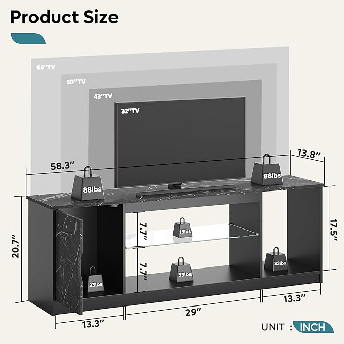 Bestier LED TV Stand for 55/60/65 Inch TV, Gaming Entertainment Center with Cabinet for PS5, Modern TV Cabinet with Adjustable Glass Shelves for Living Room, Bedroom 58 Inch,Black Marble - LeafyLoom