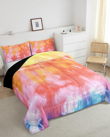 Boho Comforter Set Spiral Tye Dye Pattern 3pc Down Comforter Queen Size Rainbow Bedding Sets with 2 Pillowcases Soft Comfortable Machine Washable,Trippy Psychedelic Gypsy Duvet Quilt Set for Teen Girl - LeafyLoom