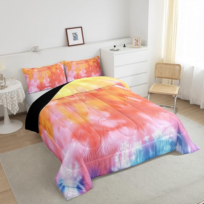 Boho Comforter Set Spiral Tye Dye Pattern 3pc Down Comforter Queen Size Rainbow Bedding Sets with 2 Pillowcases Soft Comfortable Machine Washable,Trippy Psychedelic Gypsy Duvet Quilt Set for Teen Girl - LeafyLoom