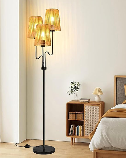 Rattan Floor Lamp for Living Room,Boho Floor Lamps Flower Standing Lamp with Remote,Dimmable Tree 3 Light Tall Lamp Farmhouse Wicker Bamboo Lamp Shade,Floor Light for Bedroom Bohemian Decor - LeafyLoom