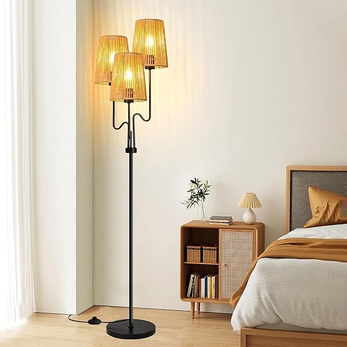 Rattan Floor Lamp for Living Room,Boho Floor Lamps Flower Standing Lamp with Remote,Dimmable Tree 3 Light Tall Lamp Farmhouse Wicker Bamboo Lamp Shade,Floor Light for Bedroom Bohemian Decor - LeafyLoom