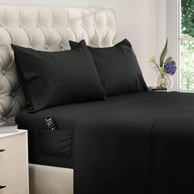 DREAMCARE Twin XL Sheet Sets - Cooling Bed Sheets - 4pcs Set - up to 15" Deep Pocket Twin XL Sheets - XL Twin Sheet Set – Soft & Long Lasting 100% Fine Brushed Polyester with Side Pocket - Black - LeafyLoom