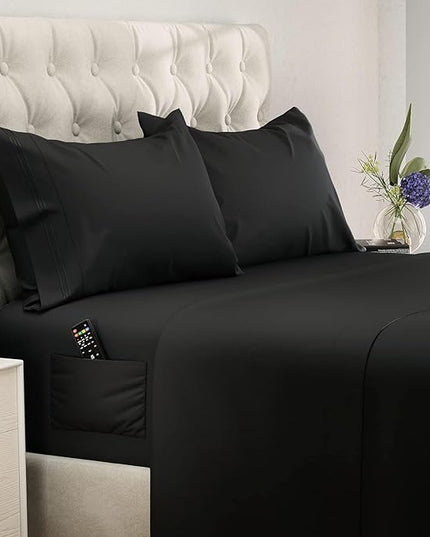 DREAMCARE California King Sheet Sets - Cooling Bed Sheets - 4pcs Set - up to 15" Deep Pocket Cal King Sheets - California King Sheets - Soft & Lasting 100% Brushed Polyester with Side Pocket - Black - LeafyLoom