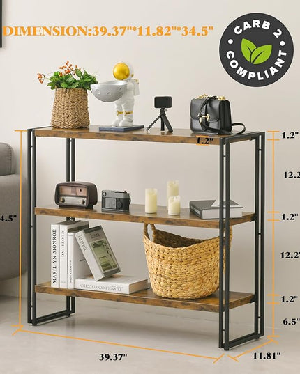 3-Tier Rustic Wood and Metal Industrial Bookcase - 40in, For Home Office, Bedroom, Kitchen, Bathroom - LeafyLoom