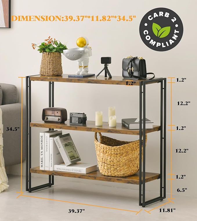 3-Tier Rustic Wood and Metal Industrial Bookcase - 40in, For Home Office, Bedroom, Kitchen, Bathroom - LeafyLoom