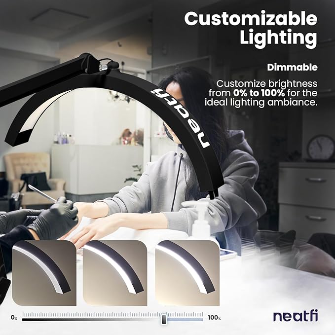 Neatfi Half Moon Swing Arm Table Lamp, 2500 Lumens, CCT Dimming, 5 Light Modes, Professional LED Lighting for Estheticians, Ideal for Nail Art, Facials, and Tattoos (with Base and Clamp, Black) - LeafyLoom