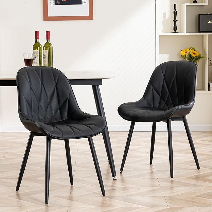 YOUNIKE Dining Chairs Set of 2, Black Modern Kitchen Chairs with Adjustable Feet, Mid Century Faux Leather Upholstered Dining Room Chairs, 300LBS Support Elegant Dinning Chairs Side Chairs - LeafyLoom