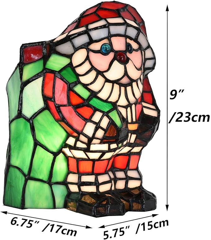 Bieye L10826 Christmas Santa Claus Table Lamp Tiffany Style Stained Glass Night Light for Home Décor (5.75" L x 6.75" D x 9" H) - LeafyLoom