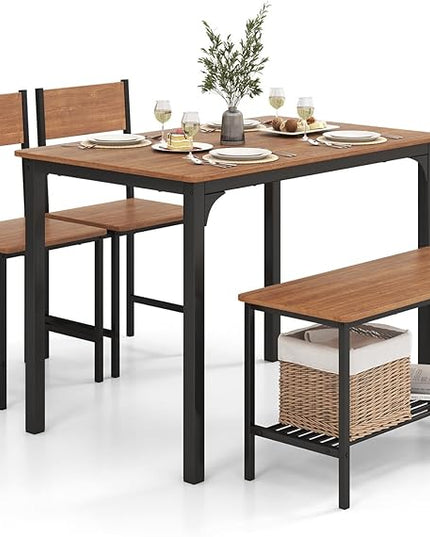 LDAILY Moccha Dining Table Set for 4, Wooden Kitchen Table with with 2 Chairs and a Long Bench, Modern 4-Piece Dinette with Metal Frame & Storage Rack, Space-Saving Table Set for Dining Room, Teak - LeafyLoom