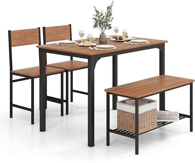 LDAILY Moccha Dining Table Set for 4, Wooden Kitchen Table with with 2 Chairs and a Long Bench, Modern 4-Piece Dinette with Metal Frame & Storage Rack, Space-Saving Table Set for Dining Room, Teak - LeafyLoom