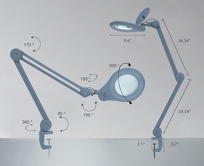 (New Model) Neatfi Bifocals 1,200 Lumens Super LED Magnifying Lamp with Clamp, 5D + 20D, Dimmable, 60 Pcs SMD LED, 5 Inches Diameter Lens (5 Diopter + 20 Diopter, Gray) - LeafyLoom
