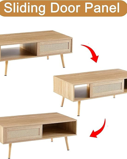 41.34" Morden Rattan Coffee table with Sliding Door for Storage, Modern Rectangular Solid Wood Coffee Table for Living Room - LeafyLoom