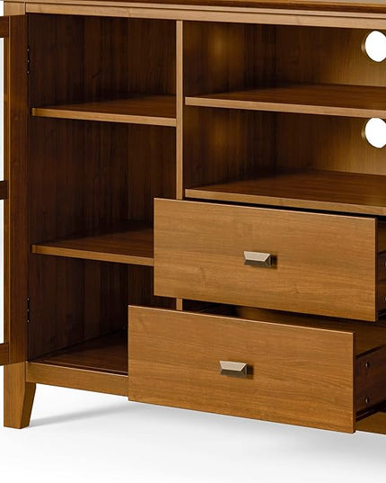 SIMPLIHOME Artisan SOLID WOOD Universal TV Media Stand, 53 inch Wide, Contemporary, Living Room Entertainment Center, Storage Shelves and Cabinets, for Flat Screen TVs up to 60 inches in Honey Brown - LeafyLoom