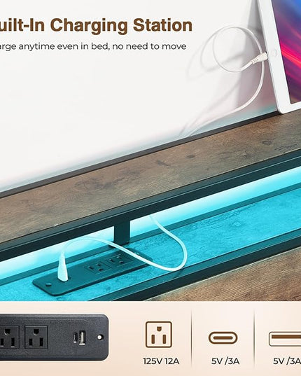 LED Full Bed Frame with 2 Storage Drawers & Headboard, Platform Metal Bed Frame with Charging Station, Noise-Free, No Box Spring Needed, Vintage Brown - LeafyLoom