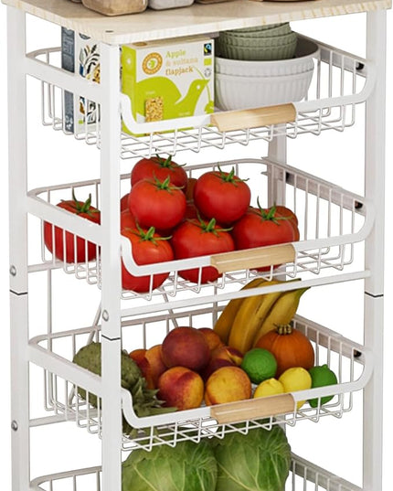 Pull-Out Kitchen Storage Cart 5 Tier Kitchen Fruit Cart on Wheels,Fruit Basket for Kitchen,Bedroom Kitchen Organizer and Storage Rack, Potato Onion Vegetable Storage (White) - LeafyLoom
