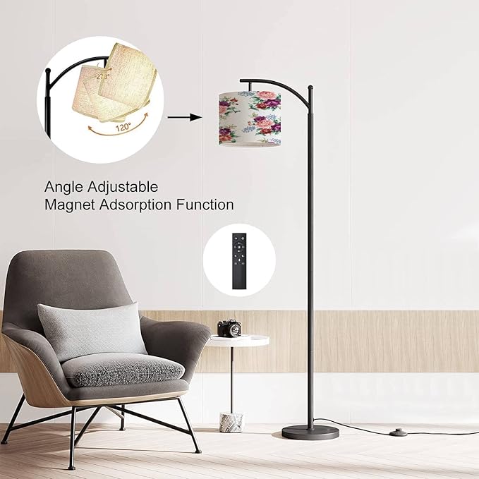 Modern Arc Floor Lamp with Dimmer Mid Century Violet Orange Blue Flowers Green Leaves Bunches White Metal Standing Lamp with Linen Shade Footswitch for Living Room Bedroom Office - LeafyLoom