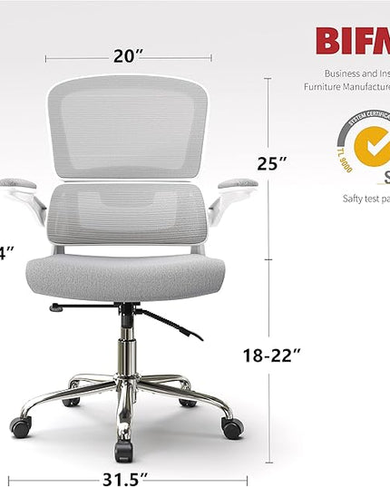 Ergonomic Office Chair, Comfortable Office Chair with Flip-up Arms, Adaptive Lumbar Support, Mesh Computer Chair with Thick Cushion, White Desk Chair with 90°-130° Tilt Function - LeafyLoom