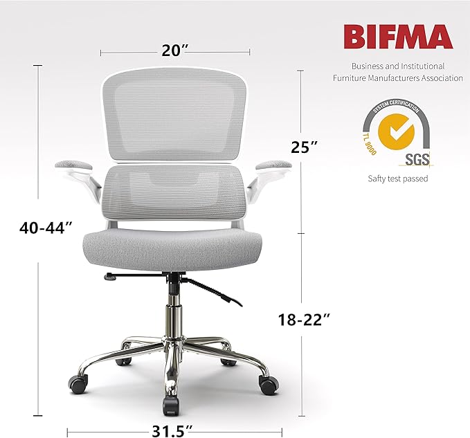 Ergonomic Office Chair, Comfortable Office Chair with Flip-up Arms, Adaptive Lumbar Support, Mesh Computer Chair with Thick Cushion, White Desk Chair with 90°-130° Tilt Function - LeafyLoom