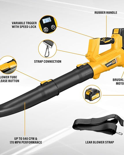 Cordless Leaf Blower - 540CFM Brushless Electric Leaf Blower Cordless with 2 * 6.0Ah Batteries and Charger -6 Speed Mode -20V Battery Powered Leaf Blowers for Lawn Care, Patio, Blowing Leaves - LeafyLoom