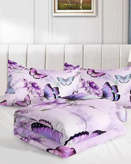 Purple Lavender Butterfly Comforter Set for Girl Kid Adult Colorful Butterfly Pattern Bedding Set Aesthetics Butterflies Quilt Bed Set Twin Size with 1 Comforter and 2 Pillowcases - LeafyLoom