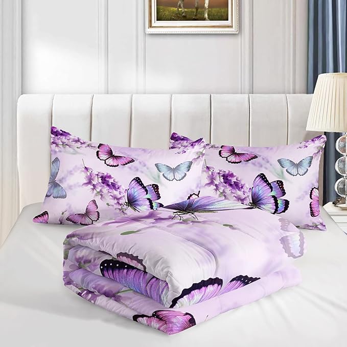 Purple Lavender Butterfly Comforter Set for Girl Kid Adult Colorful Butterfly Pattern Bedding Set Aesthetics Butterflies Quilt Bed Set Full Size with 1 Comforter and 2 Pillowcases - LeafyLoom