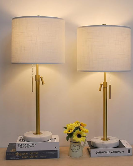 Lamp Modern Set of 2: 22" to 30" Height Adjustable Pull Chain Switch for Living Room Bedroom End Table, Marble Base White Linen Shade Golden Pole Nightstand Lamp Brass for Office, Bedside Table - LeafyLoom