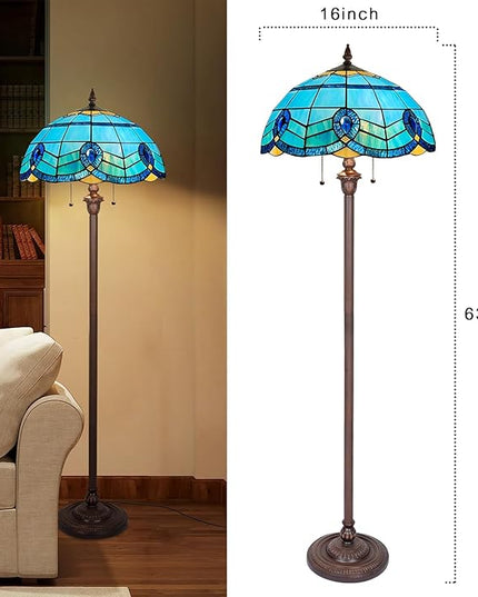 Capulina Tiffany Floor Lamp 2-Light 16X16X63 Inches Blue Sky Style Stained Glass Standing Reading Light for Living Room Bedroom Home Office - LeafyLoom