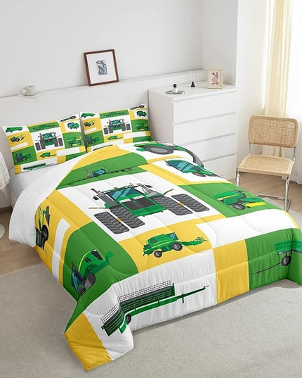 Boys Tractor Comforter Set King Kids Equipment Trucks Bedding Sets For Teens Bedroom Under Construction Quilt Set Excavator Vehicle Car Bedding Farmhouse Harvester Quilted Comforter,Green Yellow - LeafyLoom