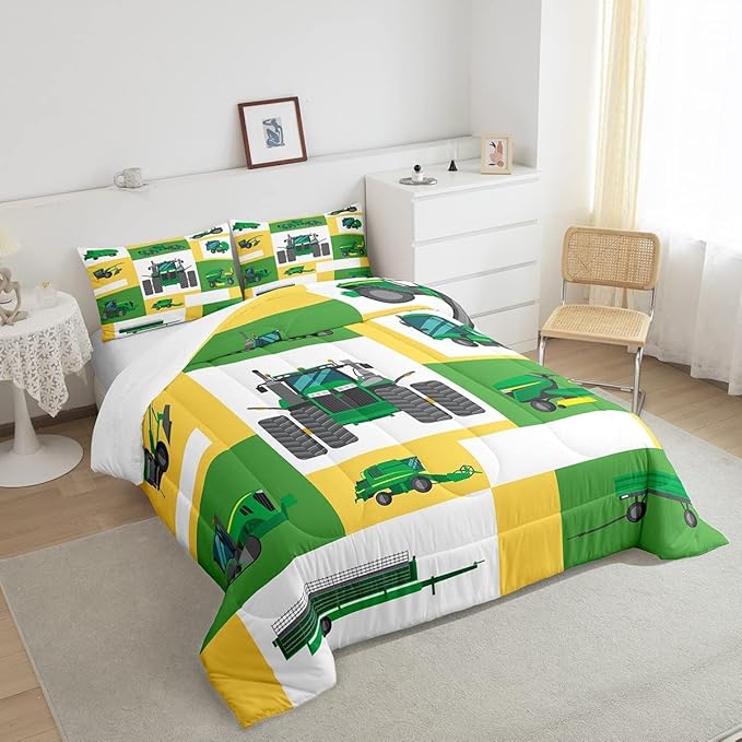 Boys Tractor Comforter Set King Kids Equipment Trucks Bedding Sets For Teens Bedroom Under Construction Quilt Set Excavator Vehicle Car Bedding Farmhouse Harvester Quilted Comforter,Green Yellow - LeafyLoom