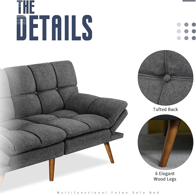 IULULU Futon Sofa Bed, Modern Convertible Sleeper Couch Daybed with Adjustable Armrests for Studio, Apartment, Office, Small Space, Compact Living Room, Dark Gray - LeafyLoom