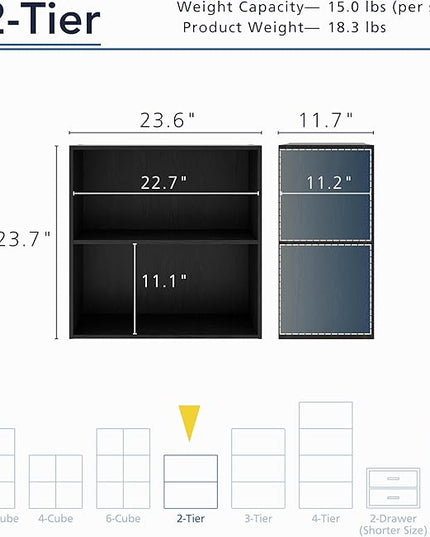 Apexa 2-Tier Cube Storage Organizer Shelves, Stackable Wood Bookcase Fits Cubby Bins for Organization, Dorm Teen Room Decor & Home Office, Black - LeafyLoom