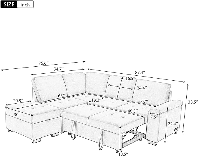 Convertible Sleeper Sectional Sofa with Pull Out Bed and Movable Ottoman, L Shaped Reversible Couch with Hidden Arm Storage & USB Charge, 4 Seat Corner Sofa&Couches for Living Room, Gray 87.4" - LeafyLoom