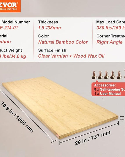 VEVOR Bamboo Table Top, 70.9" x 29" x 1.5", 330 lbs Load Capacity, Universal Solid One-Piece Bamboo Desktop for Height Adjustable Electric Standing Desk Frame, Rectangular Countertop for Home & Office - LeafyLoom