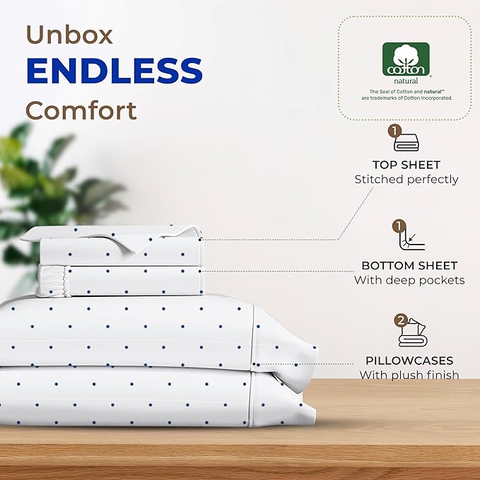 THREAD SPREAD 100% Egyptian Cotton Printed Bed Sheets - 600 Thread Count 4 PC Full Sheet Set, Hotel Luxury Sateen Bedsheets, 16" Deep Pocket Soft Cooling Sheets for Full Size Bed - Polka Dot - Navy - LeafyLoom