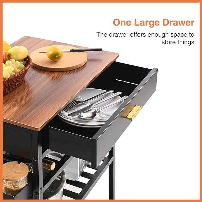 TOOLF Kitchen Island Cart with Drawer, Rolling Kitchen Service Cart with Wooden Tabletop, 3-Tier Storage Cart on Wheels, Storage Trolley Cart with Hooks for Kitchen, Dining Room - LeafyLoom