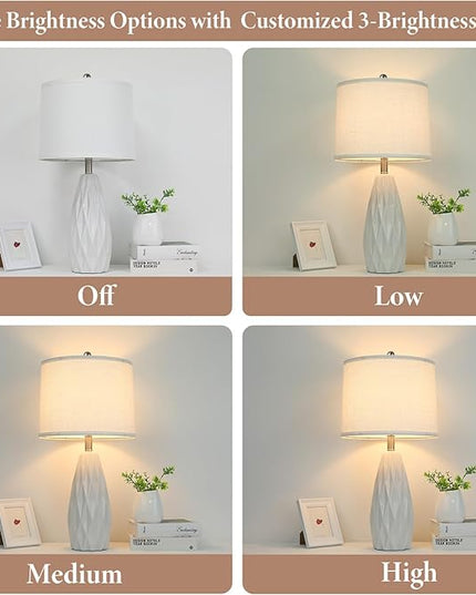 Table Lamp 25", Bedside Lamps for Bedroom Ceramic Desk Lamp White Lamp for Living Room End Table Lamps | 3-Way Dimmable Tall Nightstand Lamps Modern Geometric Lamp for Farmhouse Office(Bulb Included) - LeafyLoom