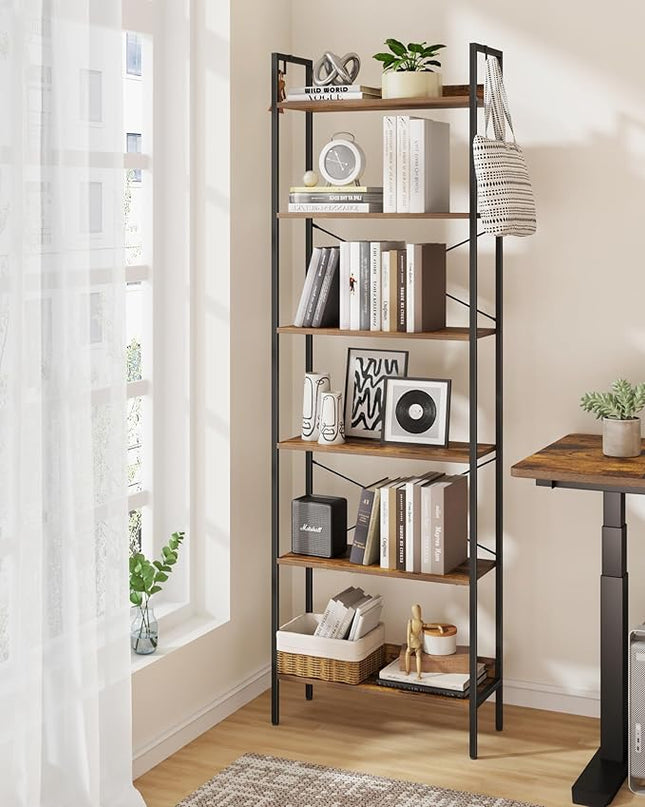 Bookshelf, Book Shelf, Industrial Bookcase with 2 Hooks, Coner Shelf Storage Organizer for Home Office, Living Room, Bedroom, Kitchen, 6-Tier Rustic Brown BC22701B - LeafyLoom