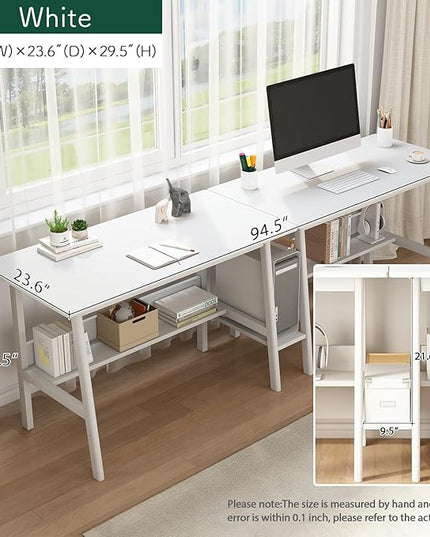 2-Person Writing Desk with Bookshelf - 94" Wooden Extra Long Home Office Work Table, Double Study Computer Workstation with Storage Shelves in White, 94" W x 24" D - LeafyLoom