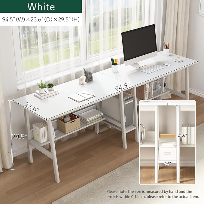 2-Person Writing Desk with Bookshelf - 94" Wooden Extra Long Home Office Work Table, Double Study Computer Workstation with Storage Shelves in White, 94" W x 24" D - LeafyLoom