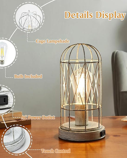 Bedside Table Lamp,3 Way Dimmable Touch Control Industrial Table Lamps Vintage Table Lamp with AC Outlet Small Nightstand Lamp Set of 2 for Living Room Bedroom Farmhouse, Bulb Included - LeafyLoom