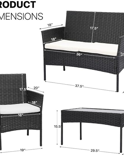 MoNiBloom 4 Pieces Patio Furniture Sets, Non Slip Foot Pads Wicker Rattan Sofa Chair with Soft Cushions and Sturdy Coffee Table for Backyard Porch Garden Poolside Balcony, Capacity 250 lbs, Black - LeafyLoom