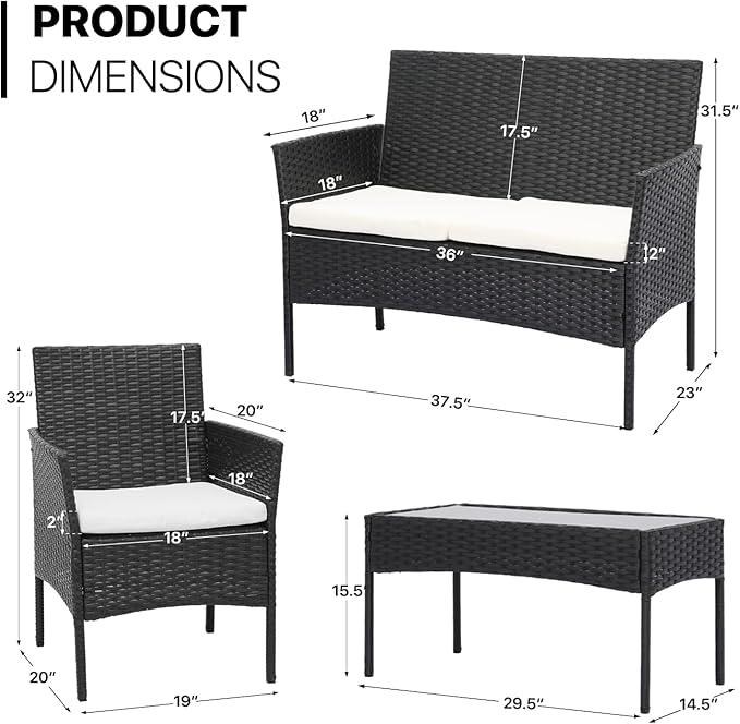 MoNiBloom 4 Pieces Patio Furniture Sets, Non Slip Foot Pads Wicker Rattan Sofa Chair with Soft Cushions and Sturdy Coffee Table for Backyard Porch Garden Poolside Balcony, Capacity 250 lbs, Black - LeafyLoom