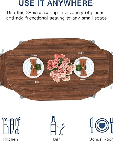 VECELO 3-Piece Dining Table Set for Kitchen Breakfast Nook, Wood Grain Oval Tabletop and Metal Frame with Built-in Wine Rack, for Small Spaces, 31.5", Brown & Silver - LeafyLoom