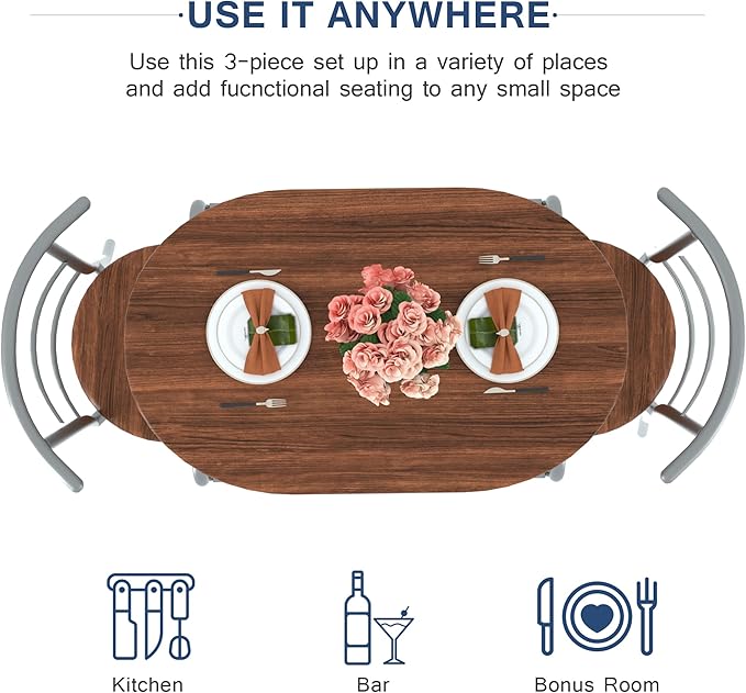 VECELO 3-Piece Dining Table Set for Kitchen Breakfast Nook, Wood Grain Oval Tabletop and Metal Frame with Built-in Wine Rack, for Small Spaces, 31.5", Brown & Silver - LeafyLoom