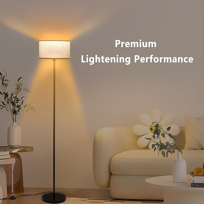 Modern Living Room Bedroom Floor Lamp with LED Bulb, Modern Vertical Lamp Drum Lampshade, 63 Feet High with Footswitch Black Lamp Post, Minimalist Design Vertical Lamp for Home Office Reading - LeafyLoom
