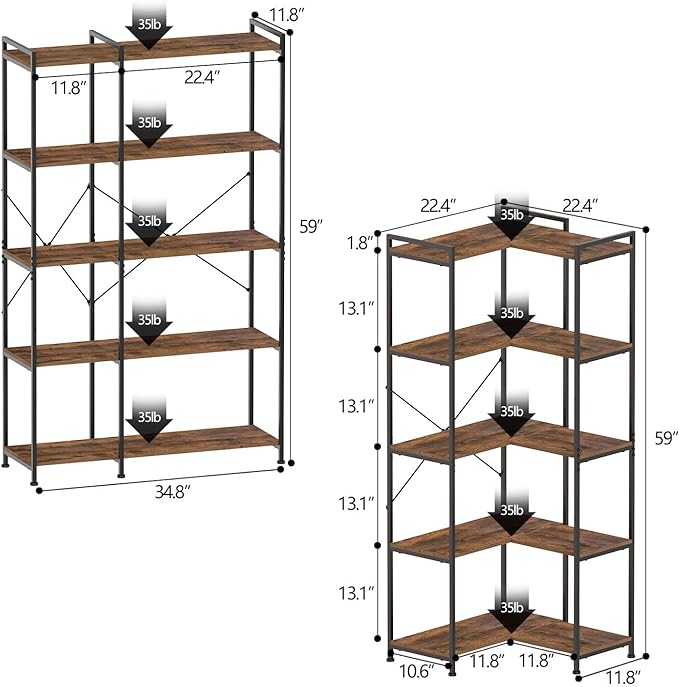 Bookshelf 5 Tier Deformable Corner Bookcase Free Standing Modern Industrial Book Storage Display Book Shelf for Bedroom Living Room Study Room Office (Brown) - LeafyLoom