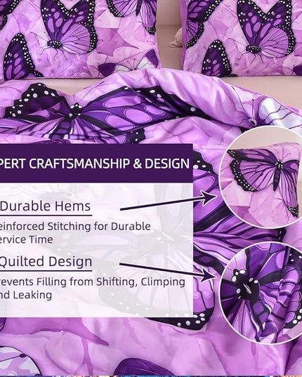 Btargot 3 Piece Purple Butterfly Girls Kids Adults Queen Size Comforter Set, Lightweight Soft All Season Bedding Set with 2 Pillowcases - LeafyLoom